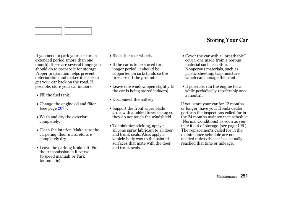 Storing your car | HONDA 2001 Civic Sedan - Owner's Manual User Manual | Page 254 / 323