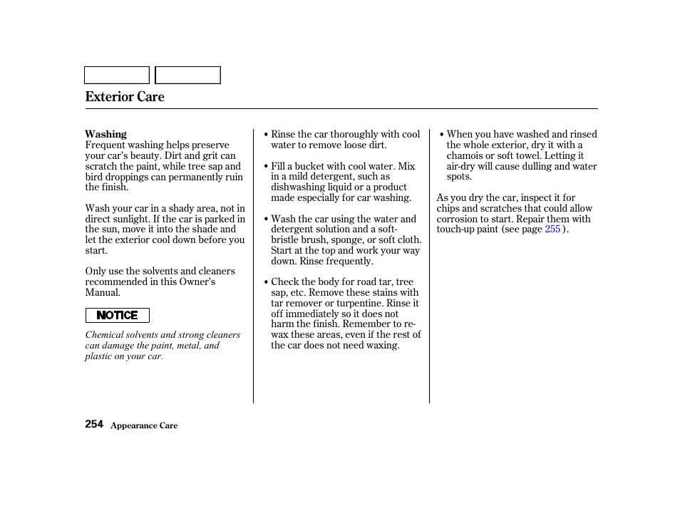 Exterior care | HONDA 2001 Civic Sedan - Owner's Manual User Manual | Page 257 / 323