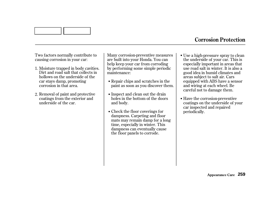 Corrosion protection | HONDA 2001 Civic Sedan - Owner's Manual User Manual | Page 262 / 323