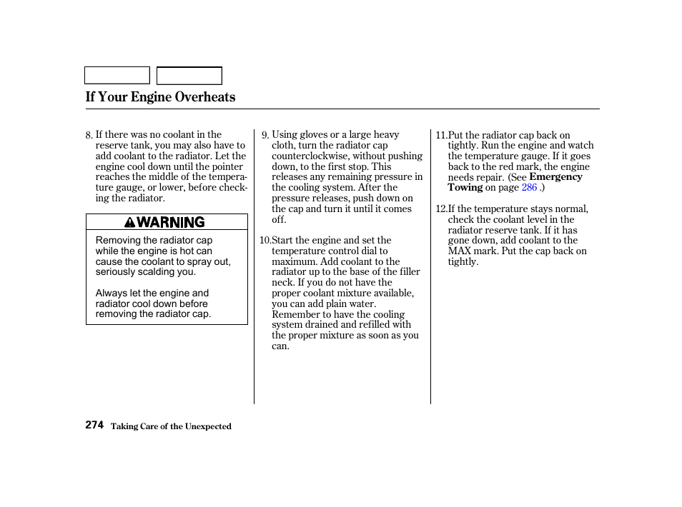 If your engine overheats | HONDA 2001 Civic Sedan - Owner's Manual User Manual | Page 277 / 323