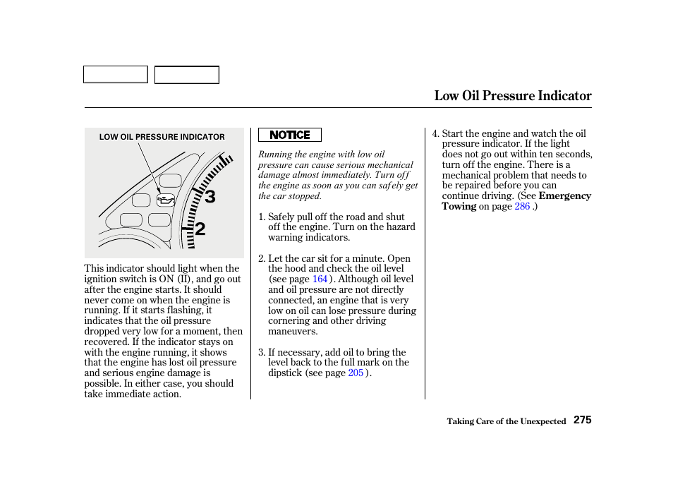 Low oil pressure indicator | HONDA 2001 Civic Sedan - Owner's Manual User Manual | Page 278 / 323