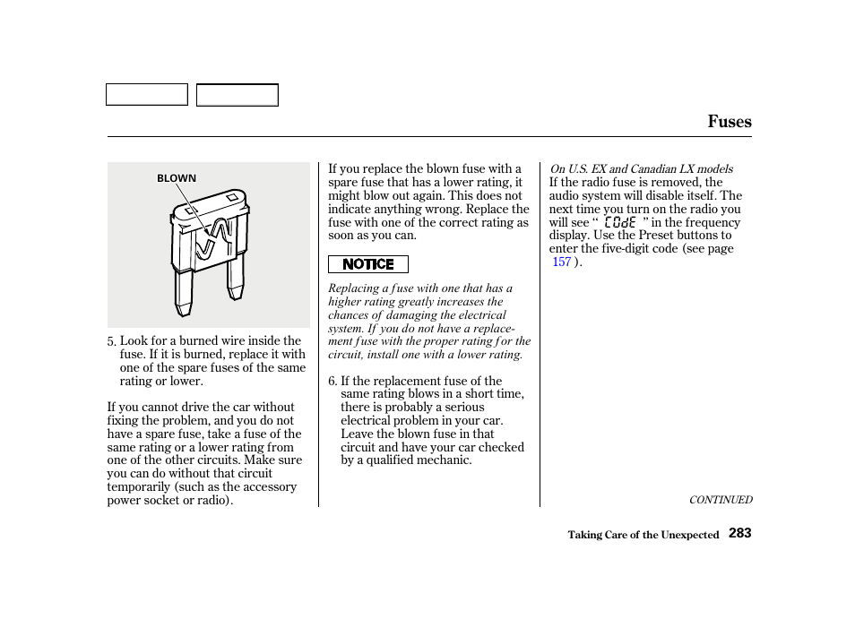 Fuses | HONDA 2001 Civic Sedan - Owner's Manual User Manual | Page 286 / 323
