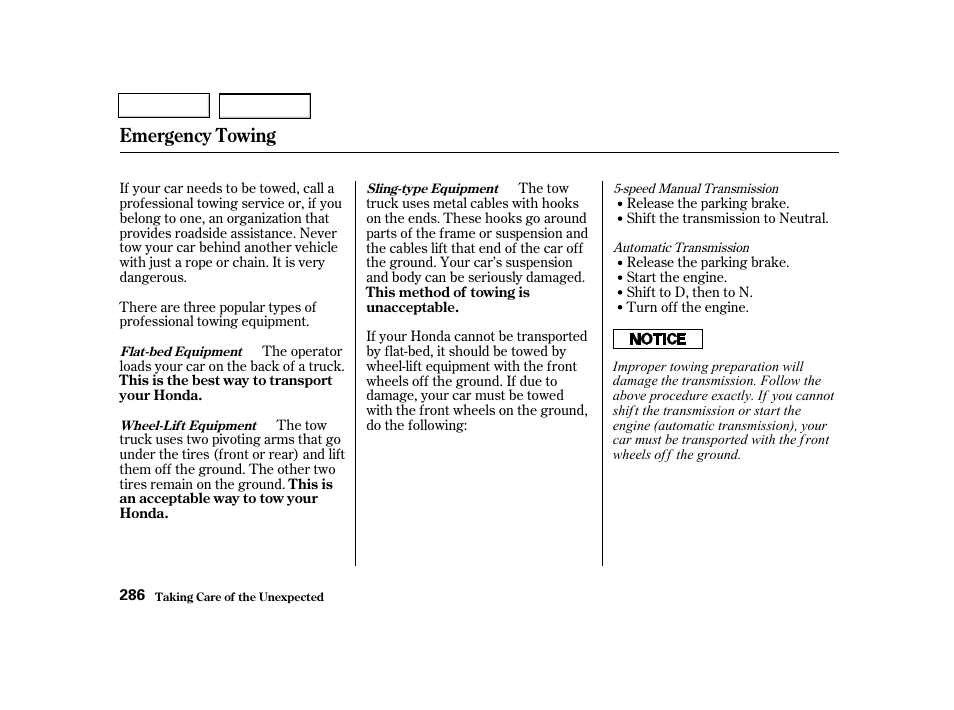 Emergency towing | HONDA 2001 Civic Sedan - Owner's Manual User Manual | Page 289 / 323