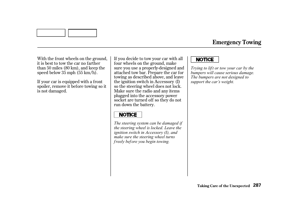 Emergency towing | HONDA 2001 Civic Sedan - Owner's Manual User Manual | Page 290 / 323