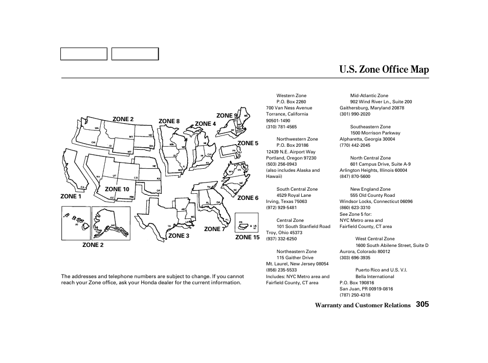 U.s. zone office map | HONDA 2001 Civic Sedan - Owner's Manual User Manual | Page 308 / 323