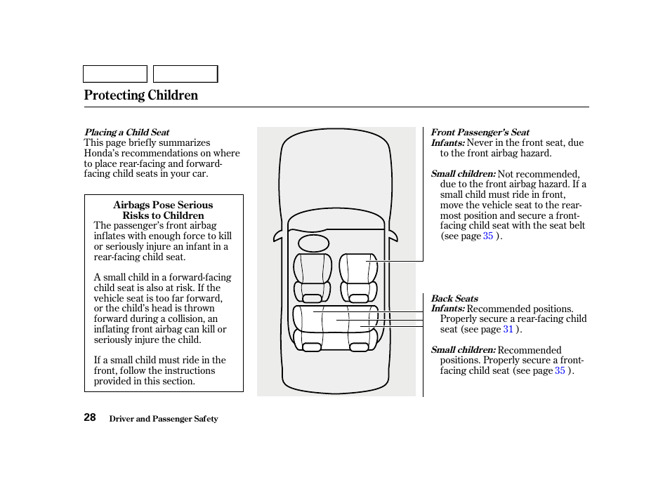 Protecting children | HONDA 2001 Civic Sedan - Owner's Manual User Manual | Page 31 / 323