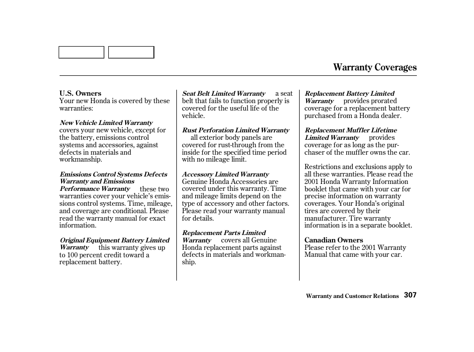 Warranty coverages | HONDA 2001 Civic Sedan - Owner's Manual User Manual | Page 310 / 323