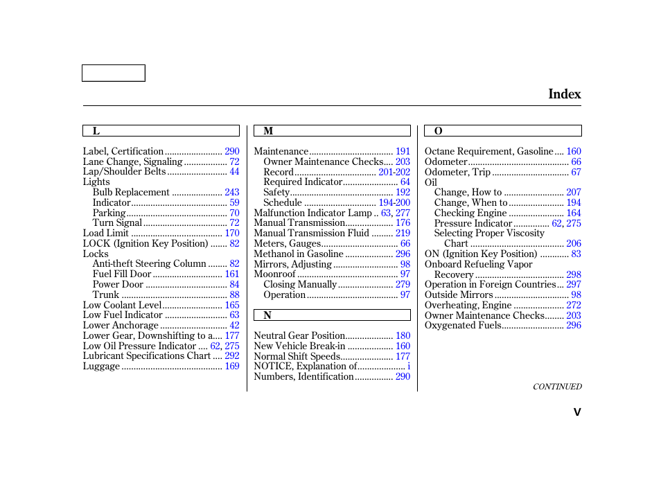 Index | HONDA 2001 Civic Sedan - Owner's Manual User Manual | Page 318 / 323