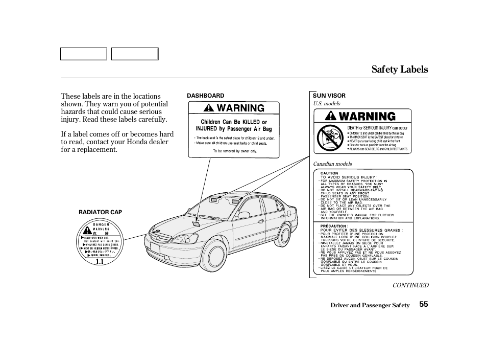 Safety labels | HONDA 2001 Civic Sedan - Owner's Manual User Manual | Page 58 / 323