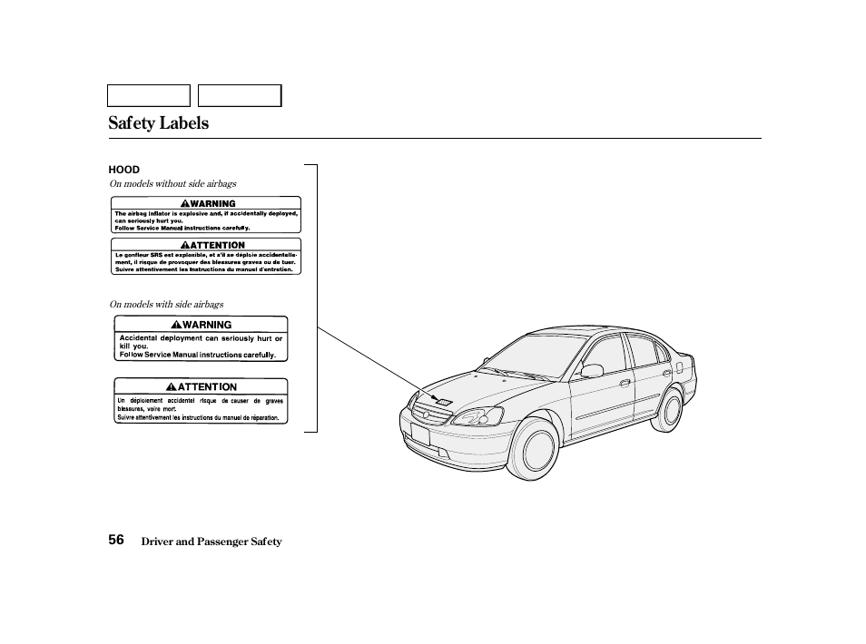 Safety labels | HONDA 2001 Civic Sedan - Owner's Manual User Manual | Page 59 / 323