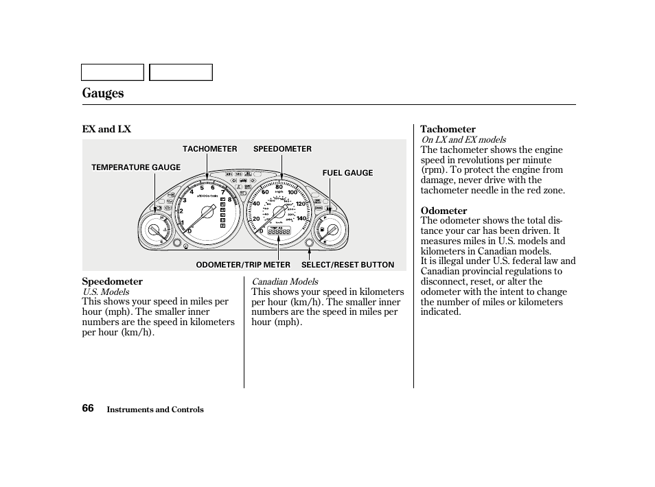 Gauges | HONDA 2001 Civic Sedan - Owner's Manual User Manual | Page 69 / 323