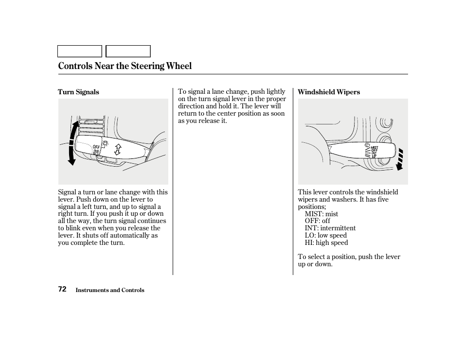 Controls near the steering wheel | HONDA 2001 Civic Sedan - Owner's Manual User Manual | Page 75 / 323