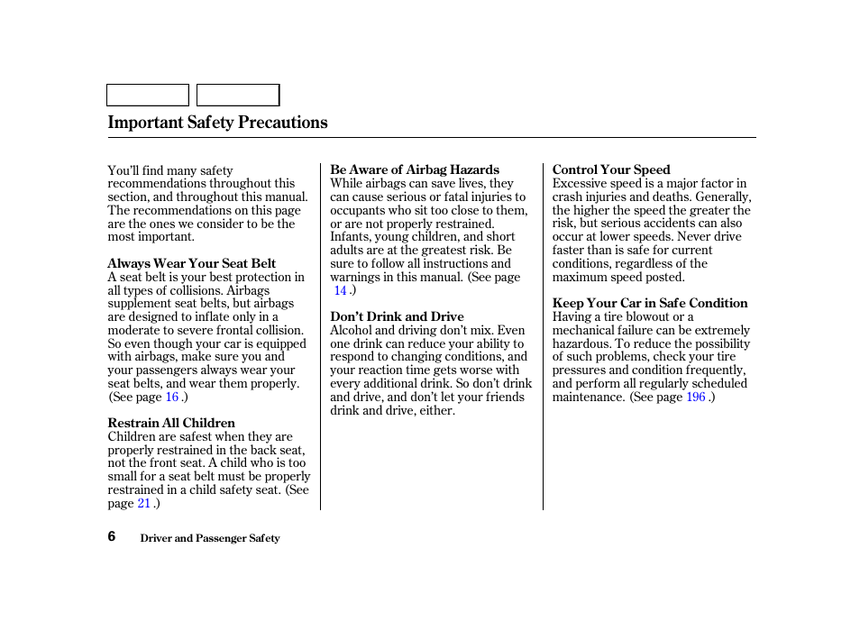 Important safety precautions | HONDA 2001 Civic Sedan - Owner's Manual User Manual | Page 9 / 323