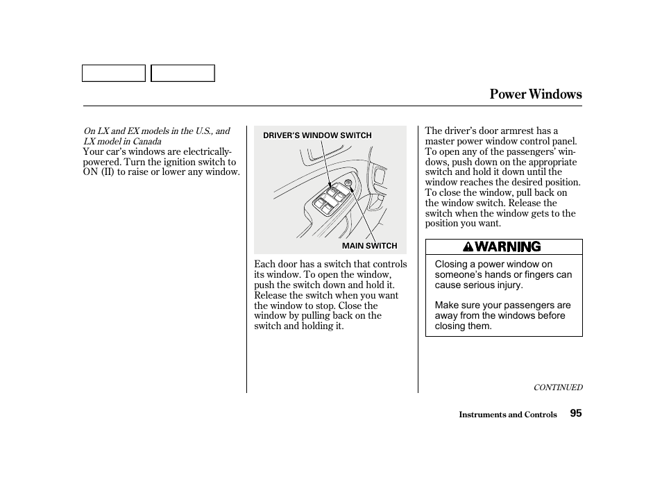 Power windows | HONDA 2001 Civic Sedan - Owner's Manual User Manual | Page 98 / 323