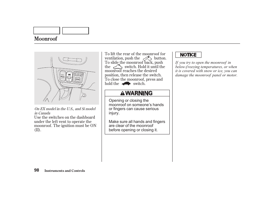 Moonroof | HONDA 2001 Civic Coupe - Owner's Manual User Manual | Page 101 / 325