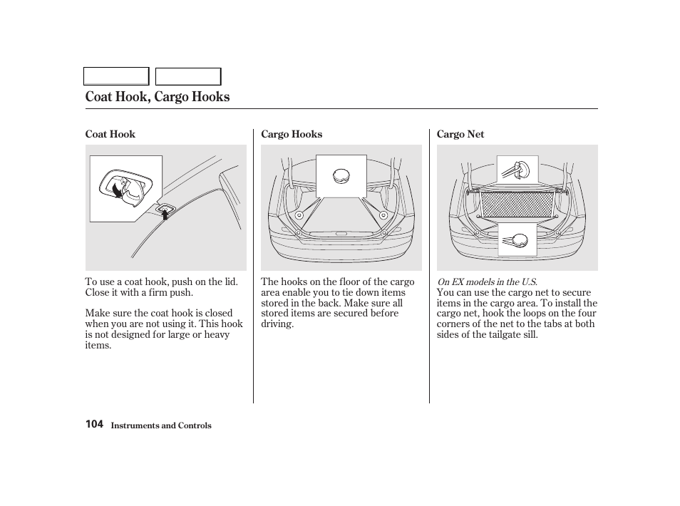 Coat hook, cargo hooks | HONDA 2001 Civic Coupe - Owner's Manual User Manual | Page 107 / 325