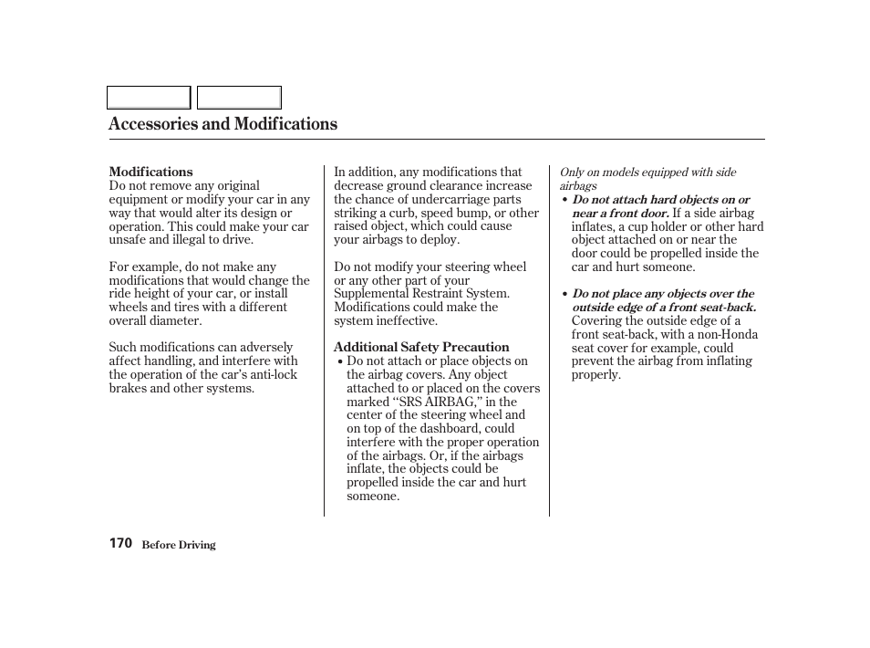 Accessories and modifications | HONDA 2001 Civic Coupe - Owner's Manual User Manual | Page 173 / 325