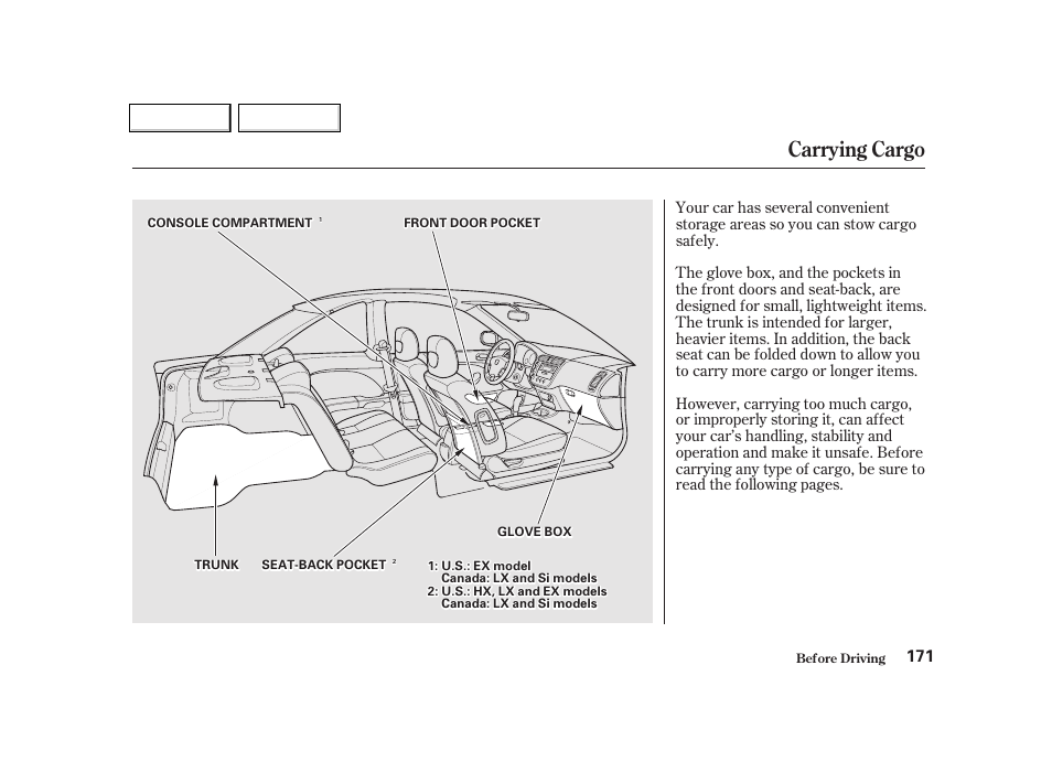 Carrying cargo | HONDA 2001 Civic Coupe - Owner's Manual User Manual | Page 174 / 325