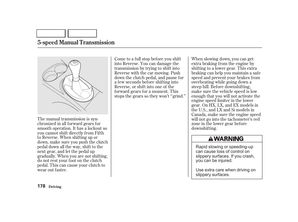 Speed manual transmission | HONDA 2001 Civic Coupe - Owner's Manual User Manual | Page 181 / 325