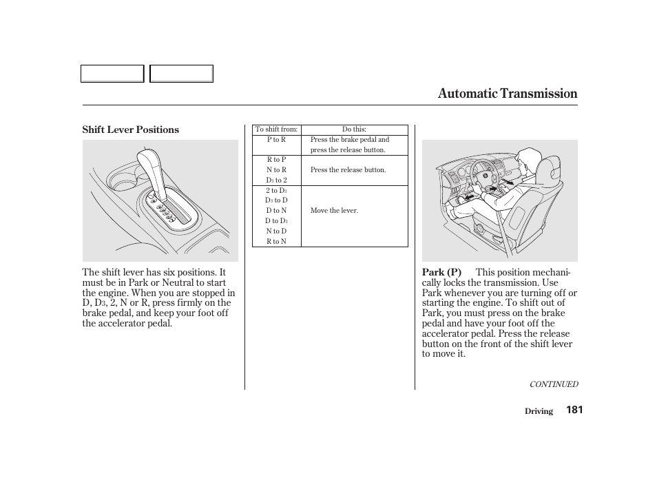 Automatic transmission | HONDA 2001 Civic Coupe - Owner's Manual User Manual | Page 184 / 325