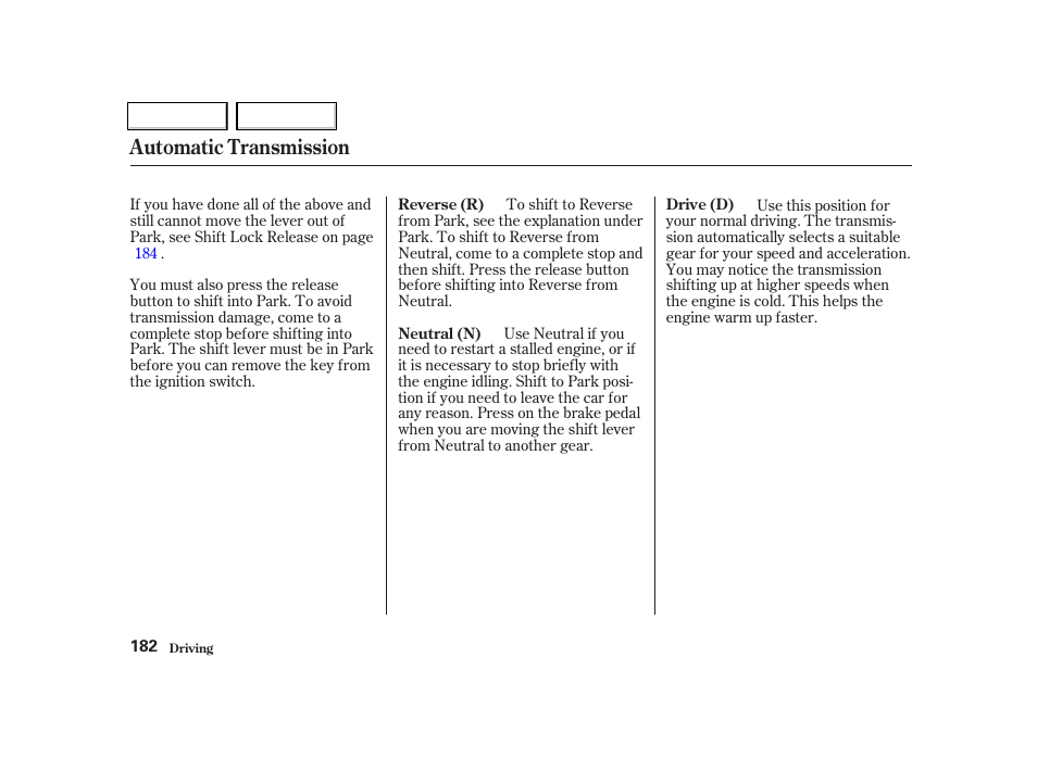 Automatic transmission | HONDA 2001 Civic Coupe - Owner's Manual User Manual | Page 185 / 325