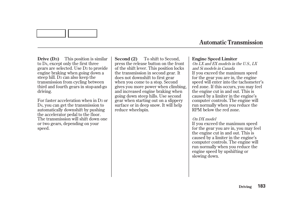 Automatic transmission | HONDA 2001 Civic Coupe - Owner's Manual User Manual | Page 186 / 325