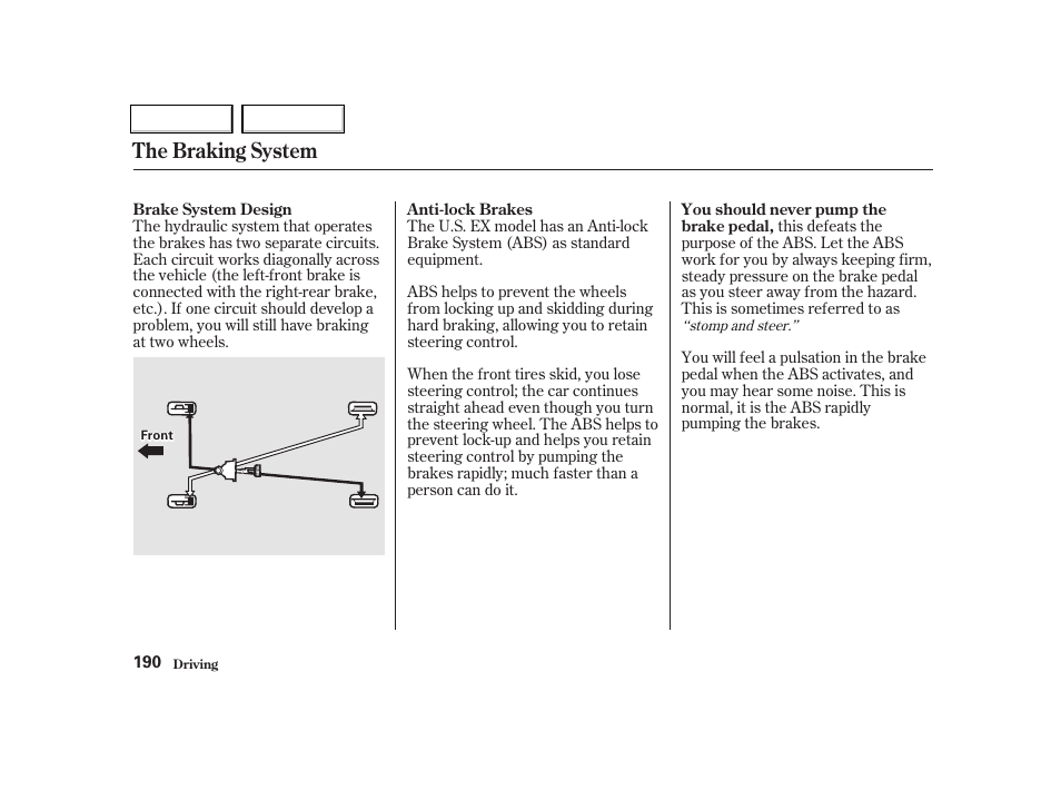 The braking system | HONDA 2001 Civic Coupe - Owner's Manual User Manual | Page 193 / 325