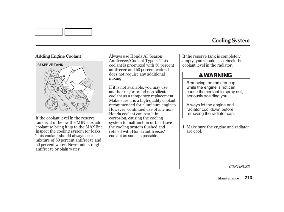 Cooling system | HONDA 2001 Civic Coupe - Owner's Manual User Manual | Page 216 / 325