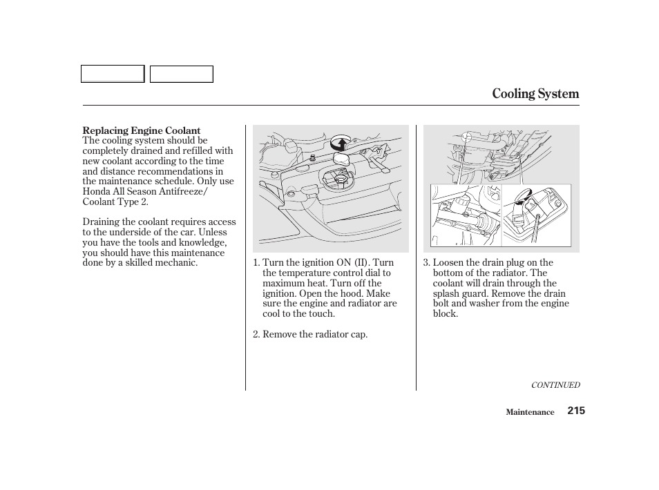 Cooling system | HONDA 2001 Civic Coupe - Owner's Manual User Manual | Page 218 / 325