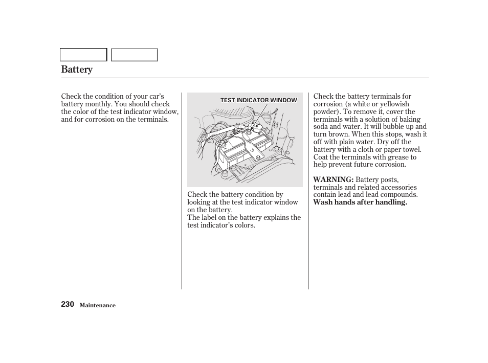 Battery | HONDA 2001 Civic Coupe - Owner's Manual User Manual | Page 233 / 325