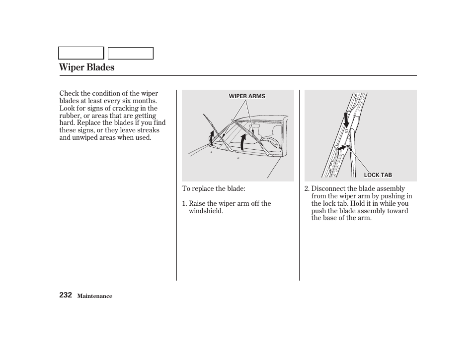 Wiper blades | HONDA 2001 Civic Coupe - Owner's Manual User Manual | Page 235 / 325