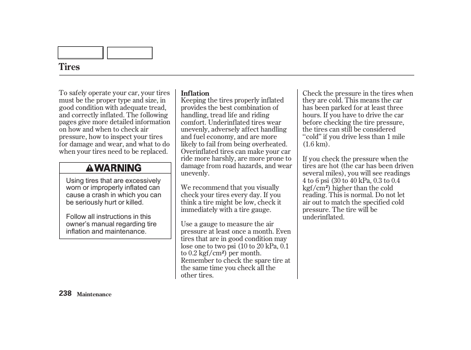 Tires | HONDA 2001 Civic Coupe - Owner's Manual User Manual | Page 241 / 325