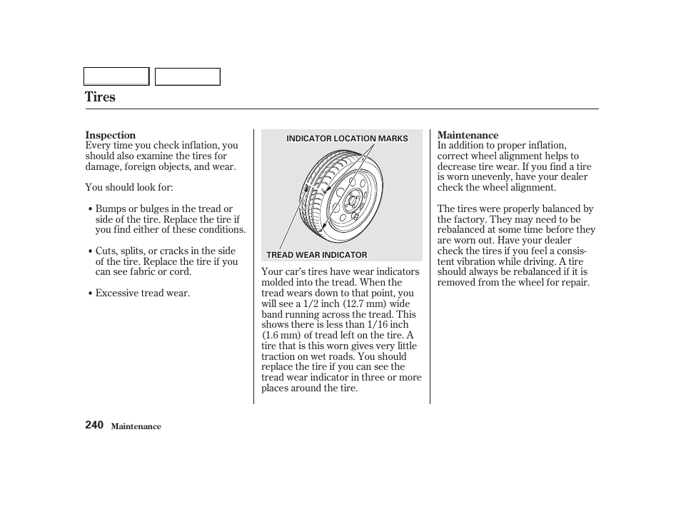 Tires | HONDA 2001 Civic Coupe - Owner's Manual User Manual | Page 243 / 325