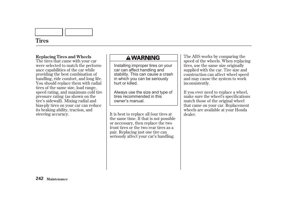 Tires | HONDA 2001 Civic Coupe - Owner's Manual User Manual | Page 245 / 325