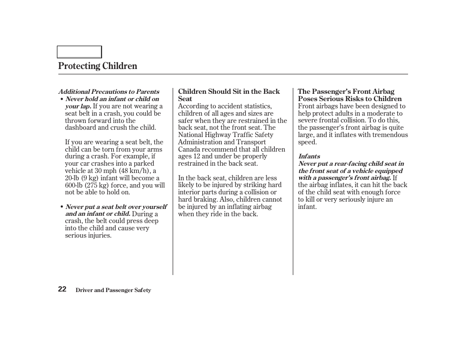 Protecting children | HONDA 2001 Civic Coupe - Owner's Manual User Manual | Page 25 / 325