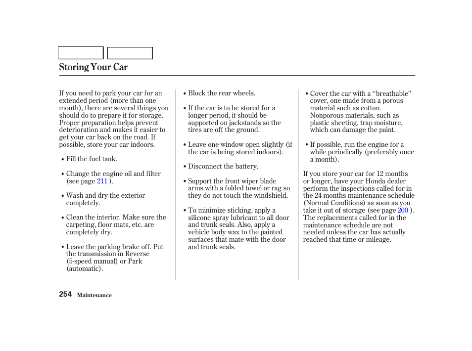 Storing your car | HONDA 2001 Civic Coupe - Owner's Manual User Manual | Page 257 / 325