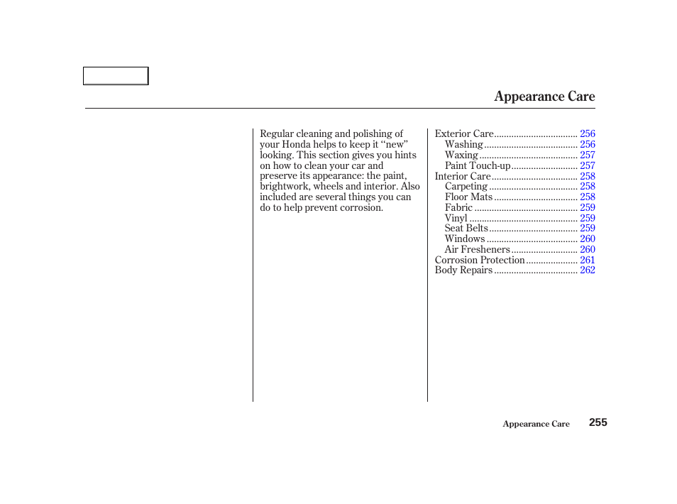 Appearance care | HONDA 2001 Civic Coupe - Owner's Manual User Manual | Page 258 / 325