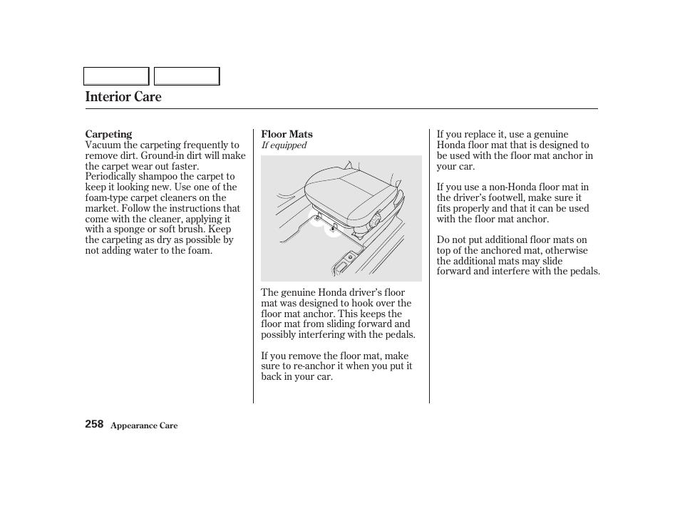 Interior care | HONDA 2001 Civic Coupe - Owner's Manual User Manual | Page 261 / 325