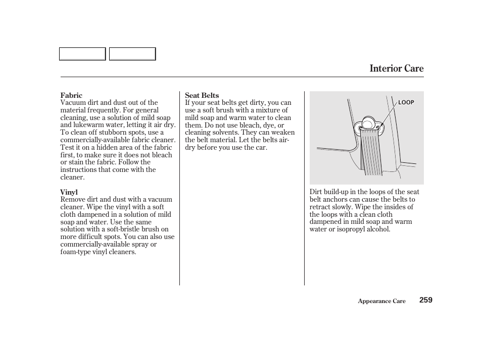 Interior care | HONDA 2001 Civic Coupe - Owner's Manual User Manual | Page 262 / 325