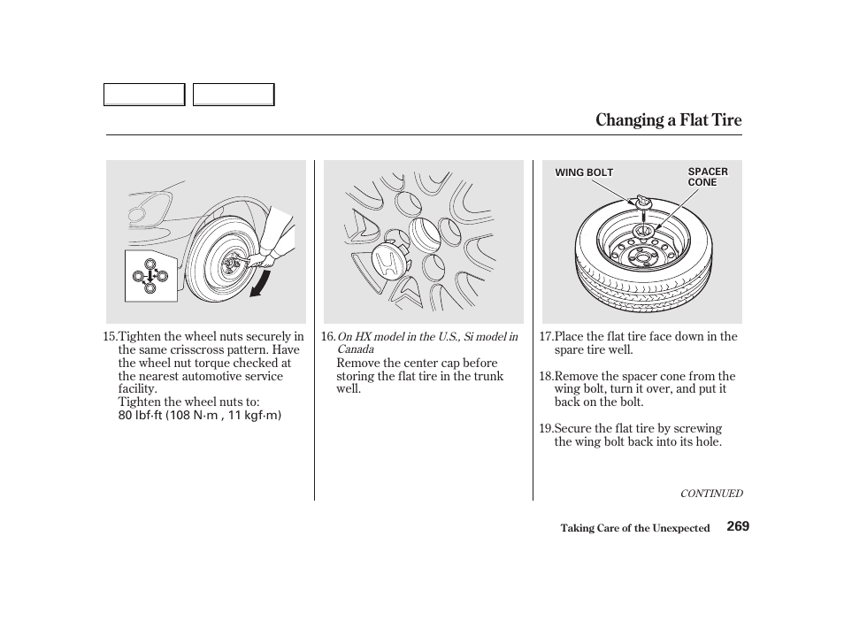 Changing a flat tire | HONDA 2001 Civic Coupe - Owner's Manual User Manual | Page 272 / 325