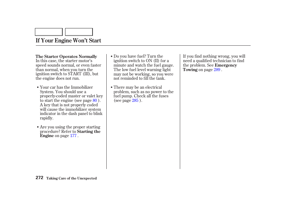 If your engine won’t start | HONDA 2001 Civic Coupe - Owner's Manual User Manual | Page 275 / 325