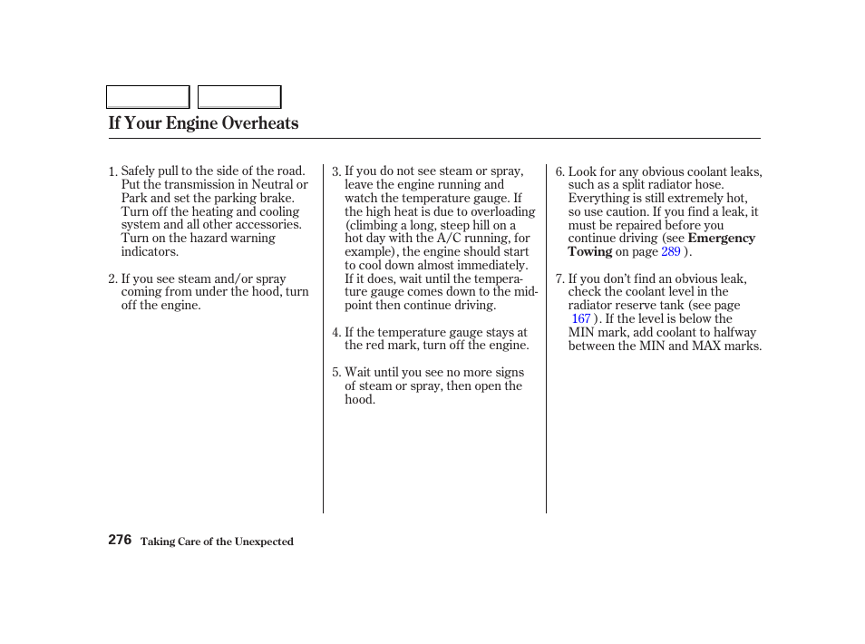 If your engine overheats | HONDA 2001 Civic Coupe - Owner's Manual User Manual | Page 279 / 325