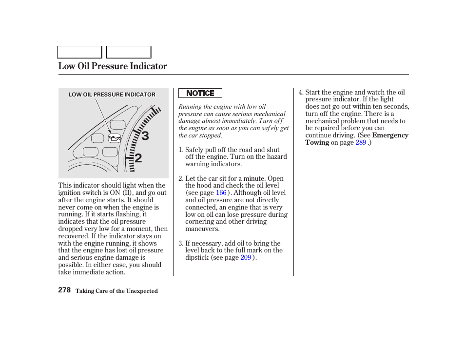 Low oil pressure indicator | HONDA 2001 Civic Coupe - Owner's Manual User Manual | Page 281 / 325