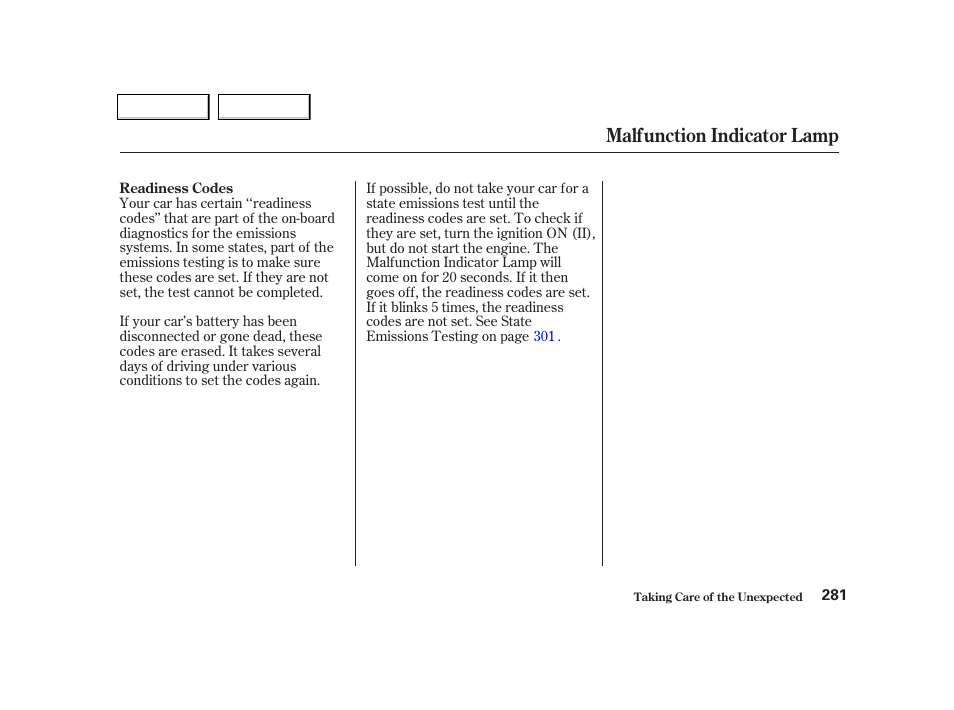 Malfunction indicator lamp | HONDA 2001 Civic Coupe - Owner's Manual User Manual | Page 284 / 325