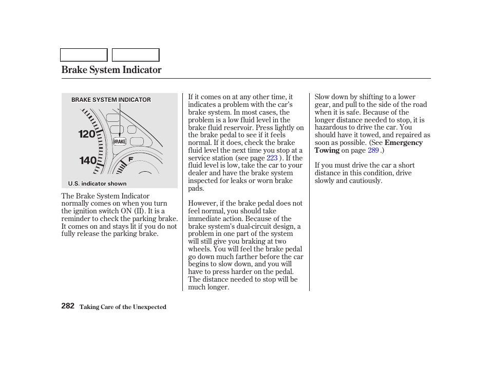 Brake system indicator | HONDA 2001 Civic Coupe - Owner's Manual User Manual | Page 285 / 325