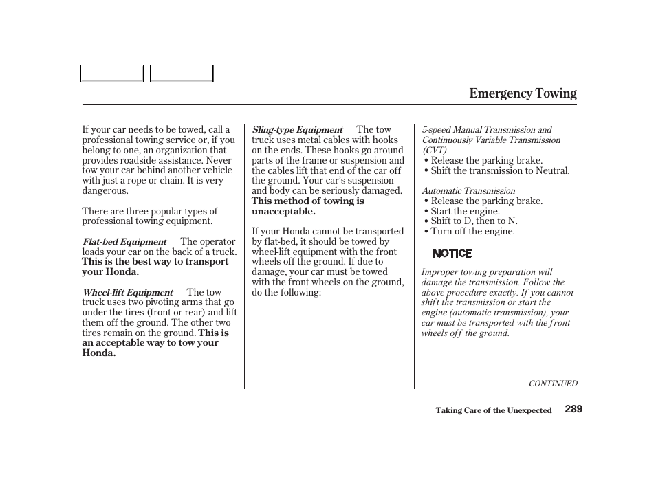 Emergency towing | HONDA 2001 Civic Coupe - Owner's Manual User Manual | Page 292 / 325