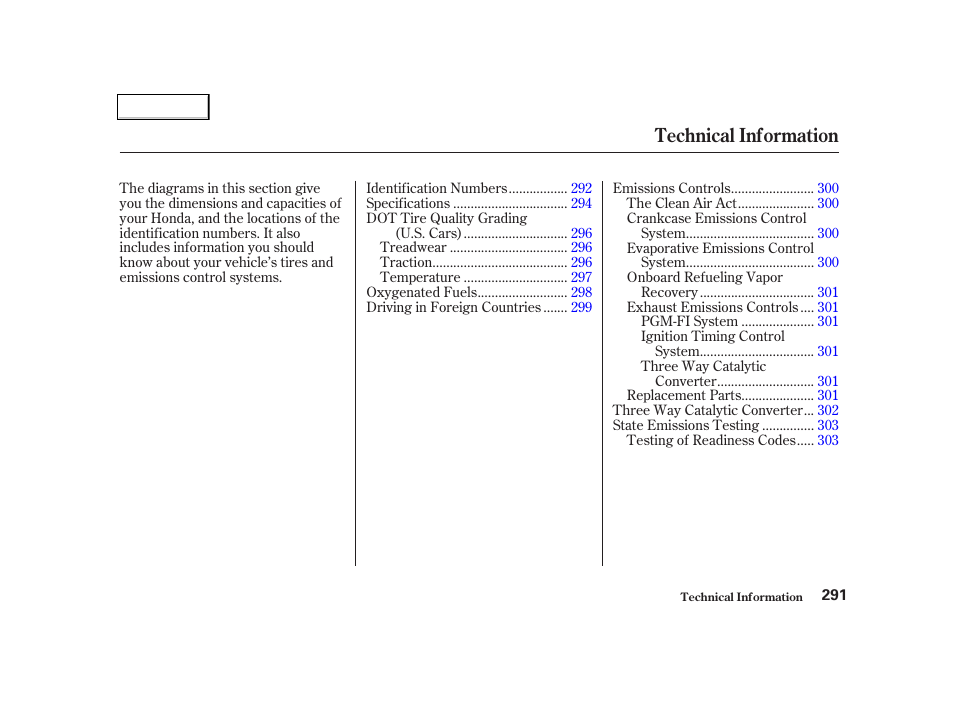 Technical information | HONDA 2001 Civic Coupe - Owner's Manual User Manual | Page 294 / 325