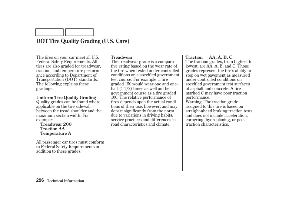 Dot tire quality grading (u.s. cars) | HONDA 2001 Civic Coupe - Owner's Manual User Manual | Page 299 / 325