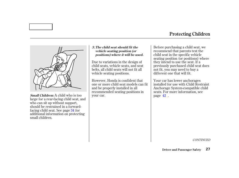 Protecting children | HONDA 2001 Civic Coupe - Owner's Manual User Manual | Page 30 / 325