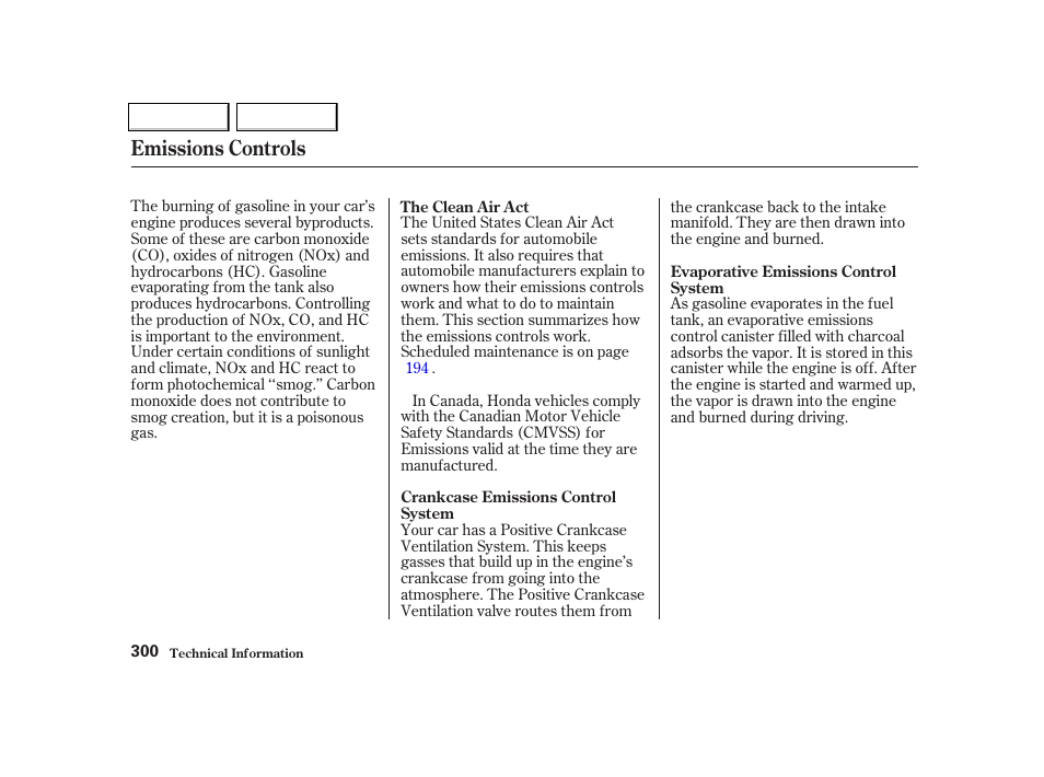 Emissions controls | HONDA 2001 Civic Coupe - Owner's Manual User Manual | Page 303 / 325